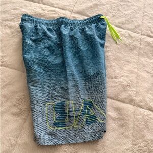 Under Armour Boy’s Blue Gradient Swim Shorts with Neon Drawcord